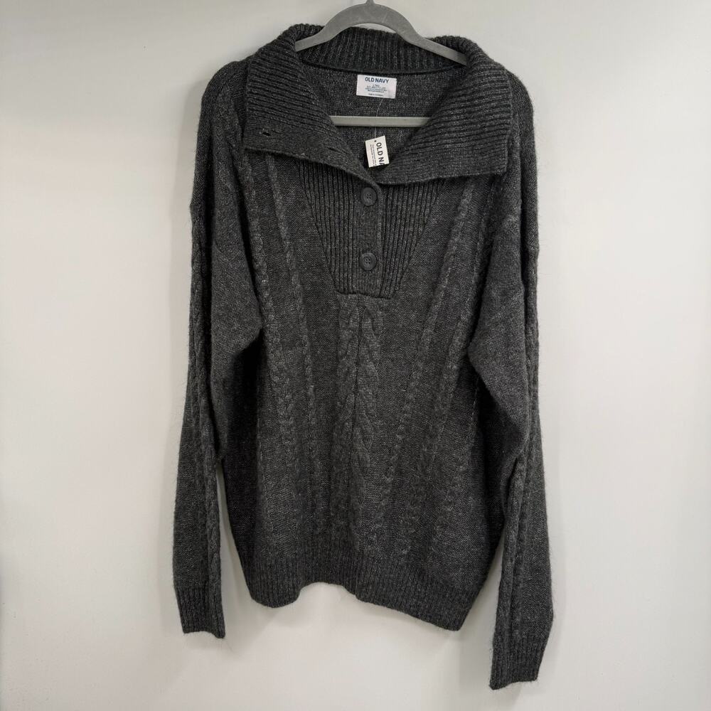 NWT Old Navy Cable Knit Button Mock Neck Sweater Women L Tall Dark Charcoal Gray